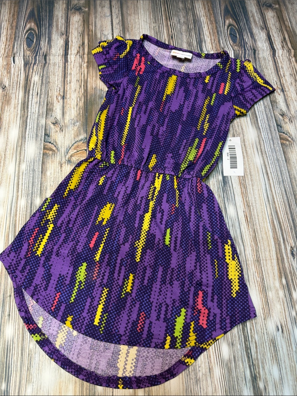 LuLaRoe Girls' Purple Printed High-Low Dress with Yellow, Green & Pink Accents